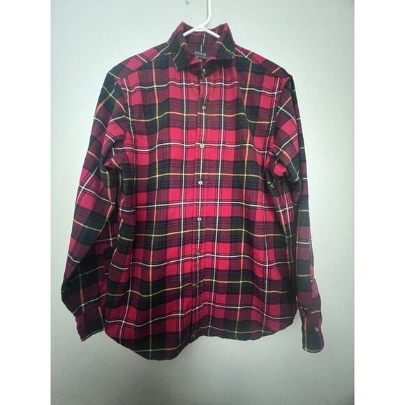 Polo Ralph Lauren Flannel Button Down Shirt Size Large Long Sleeve Red Blue - Picture 3 of 10